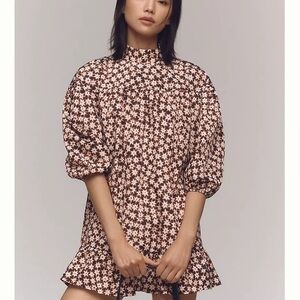 NWOT Anthropologie Floral Mini Dress - Brown and White